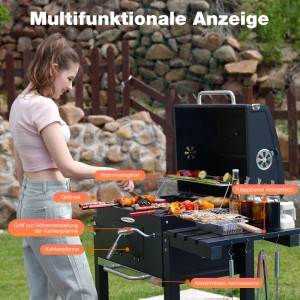 HOMAVO Holzkohlegrill mit Deckel, Grillrost, Warmhalterost, klappbarem Ablagetisch und Grillabdeckung.