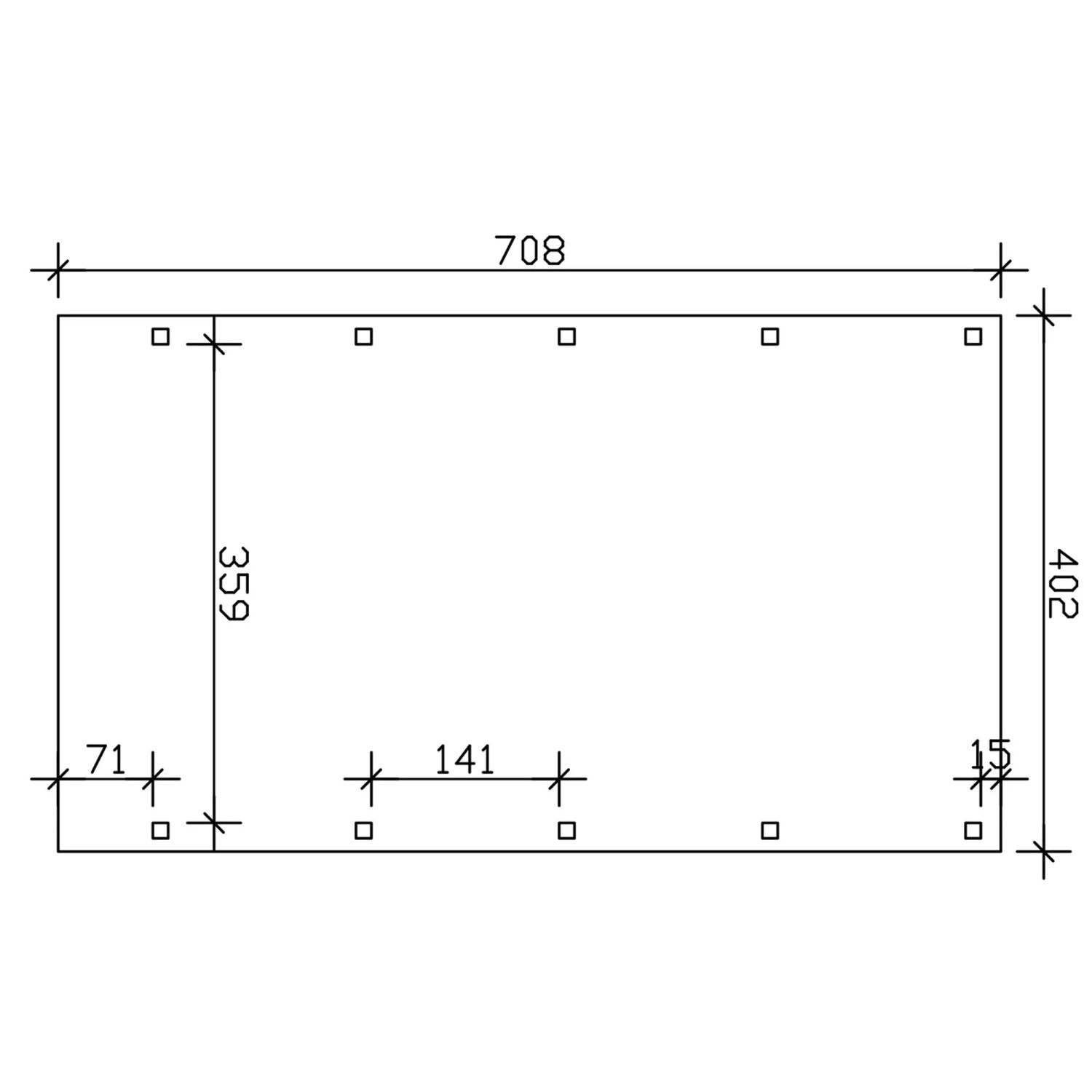 Maßzeichnung Skan Holz Carport Friesland 402x708 cm. Grundriss mit Pfostenpositionen für Flachdach-Carport.