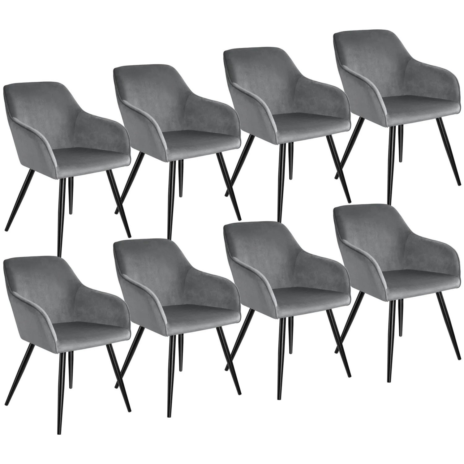 Tectake Esszimmerstuhl Marilyn Gepolstert  In Samtoptik Durchgehende Lehne 8Er Set 62 x 58 x 82 cm Grau Schwarz