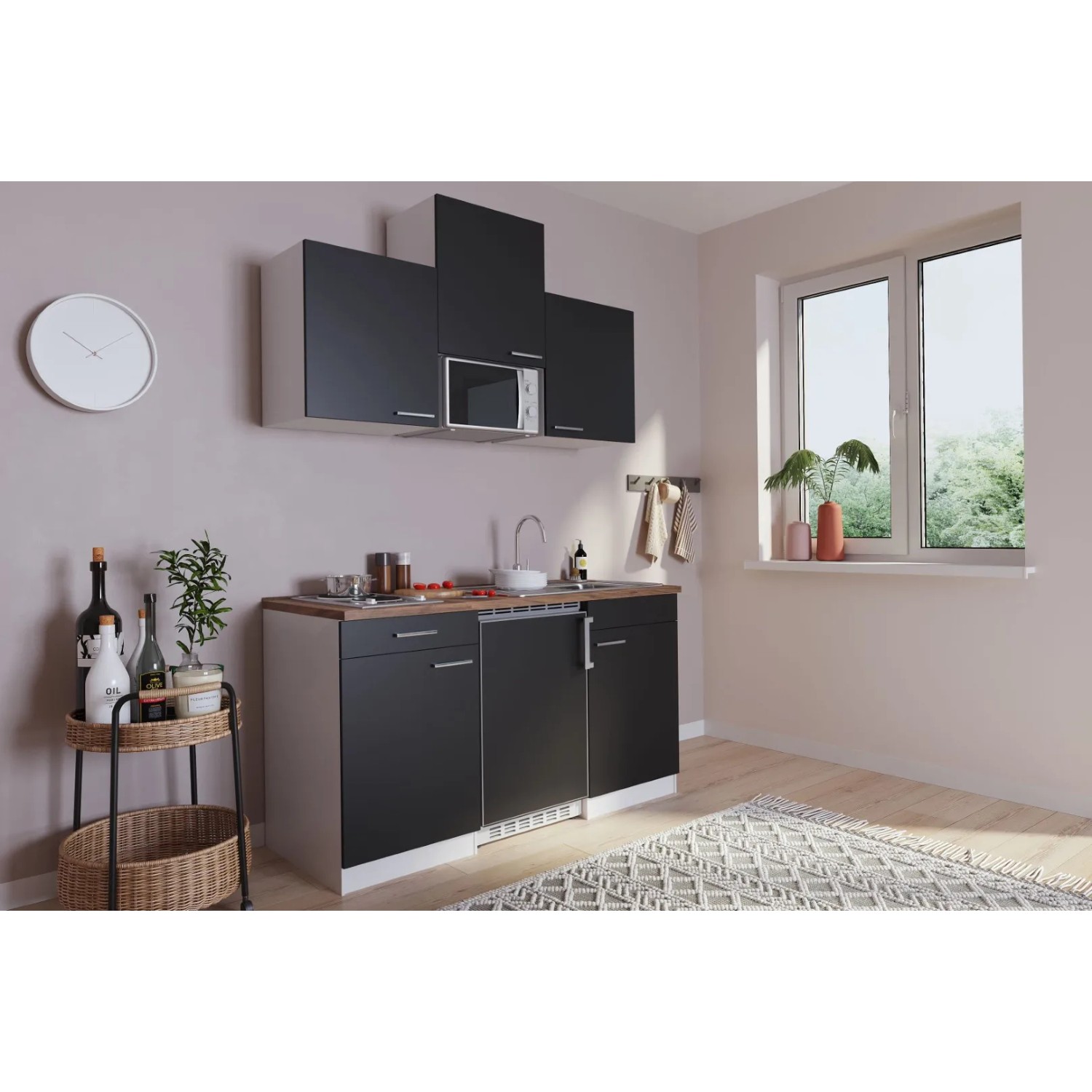 Respekta Küchenzeile KB150WSMI, 150 cm, Schwarz-Weiß mit E-Geräten.