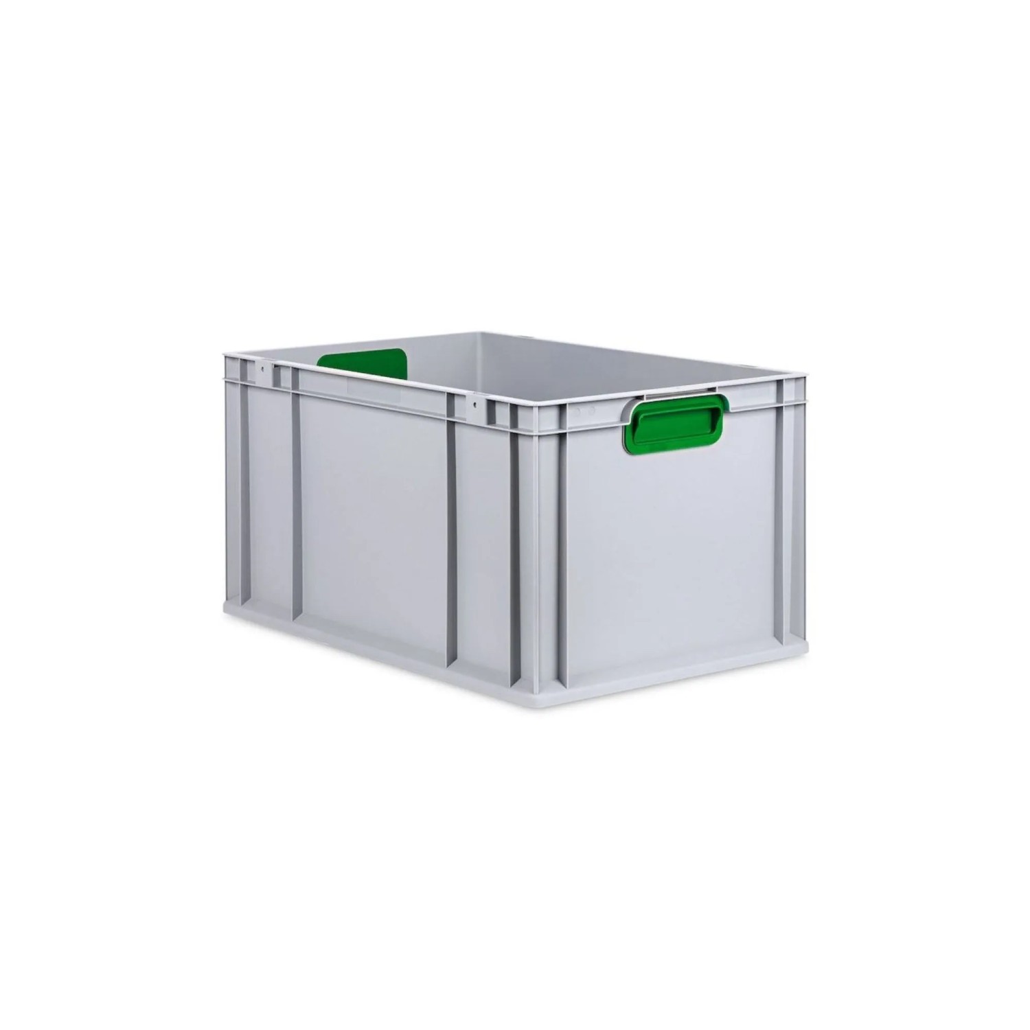 Graue Eurobox mit grünem Griff, PROREGAL Nextgen, 40x60 cm, für Lagerung und Transport.