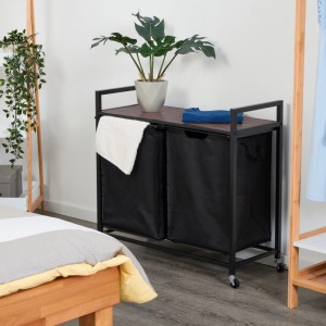 Relaxdays Wäschekorbregal MDF Polyester Eisen Schwarz Dunkelbraun Mit Rollen Ausziehbar 75,5 x 80 x 33 cm 6,9 kg