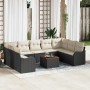 Schwarzes 10-tlg. vidaXL Garten-Sofa-Set aus Poly Rattan mit Tisch und beigen Polstern.