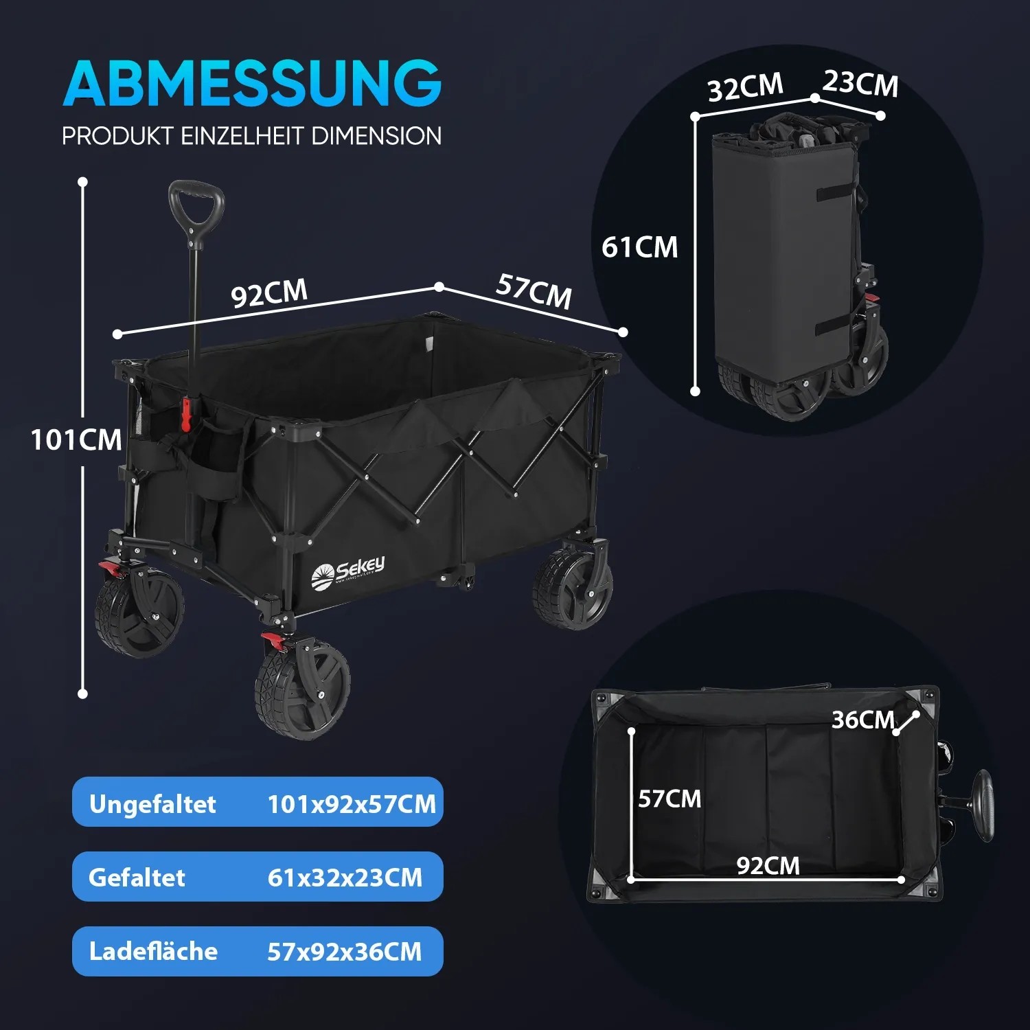 Sekey XXL Bollerwagen, faltbar, schwarz, mit Bremsen. Campingwagen mit Maßen und Details.