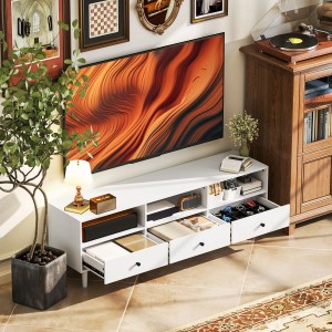 Weißer HOMCOM TV Schrank mit Schubladen und offenen Fächern. Modernes TV Board für Wohnzimmer.