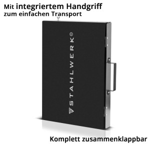 Gefalteter STAHLWERK Schweißtisch-Aufsatz SA-500 ST mit Handgriff, schwarz, mobil und klappbar.