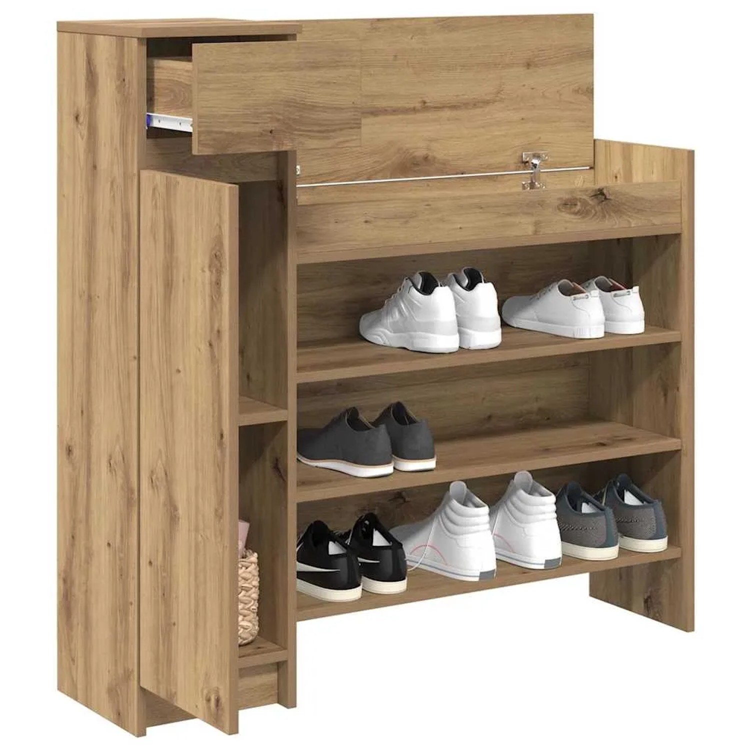 vidaXL Schuhschrank Eiche handwerklich. Schuhkommode mit Regalen, Schublade und Klapptür, gefüllt mit Schuhen.