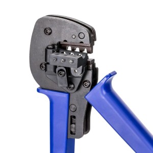Crimpzange für Solarstecker und Solarkabel (2,5-6mm²) mit blauem Griff.