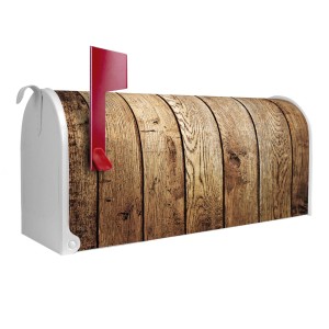 Weißer US Briefkasten mit Holz-Motiv und roter Fahne von Banjado, 48x22x16cm.
