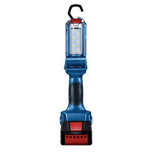 Bosch Professional Akku-Lampe GLI 18V-300 Solo, blaue Handleuchte mit LED und Aufhängehaken.