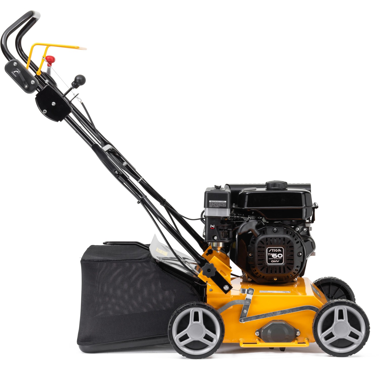 Stiga Benzin-Vertikutierer SVP 40 G in Gelb mit Fangkorb und schwarzem Motor.