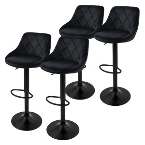 4er Set Barhocker aus schwarzem Samt, gepolstert und drehbar, mit Fußstütze.