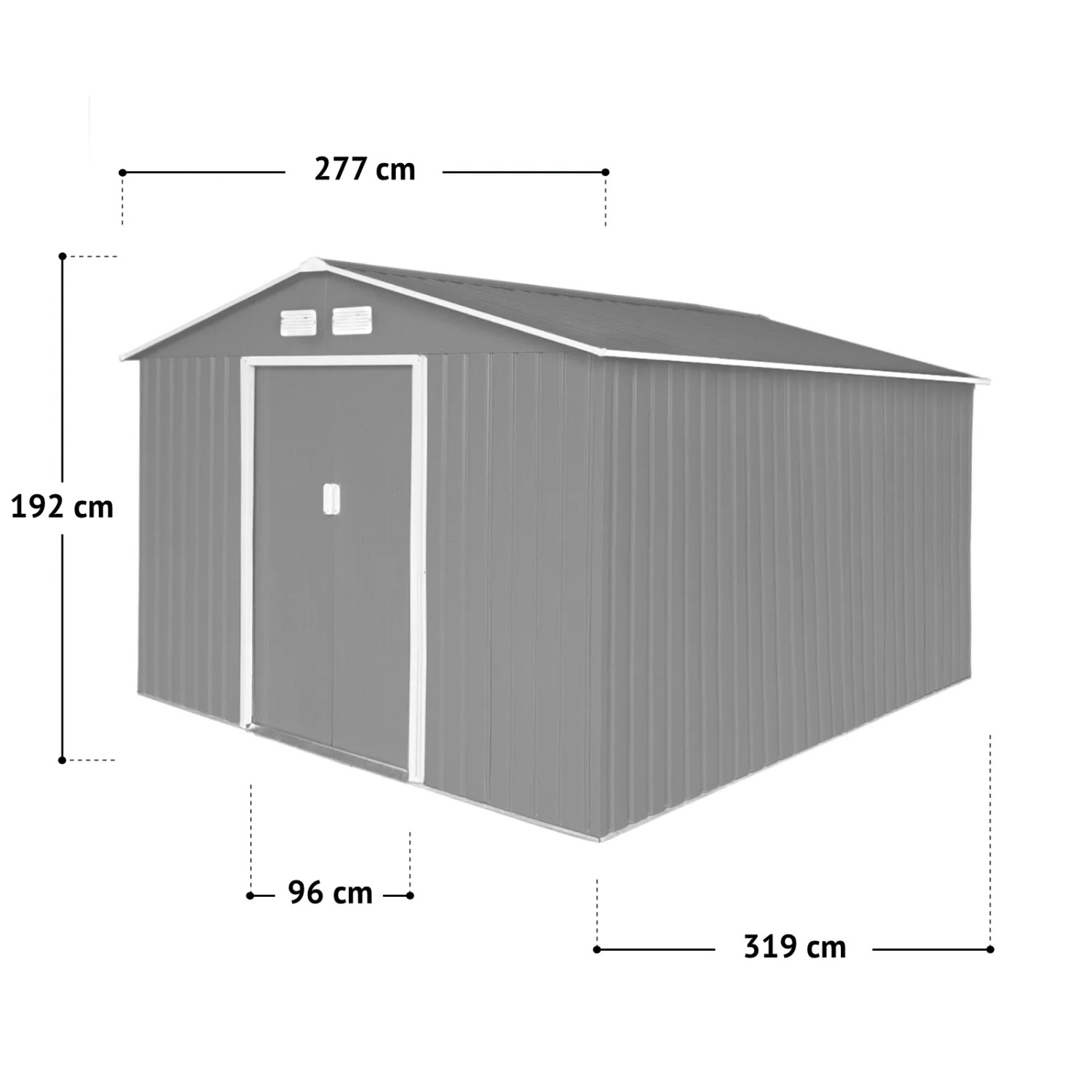 Hattoro S300 Metall Gerätehaus, dunkelgrau, mit Satteldach und Maßangaben.