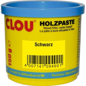 Clou Holzpaste, wasserverdünnbar, Farbe Schwarz, 150g Dose. Holzspachtel für Ausbesserungen.