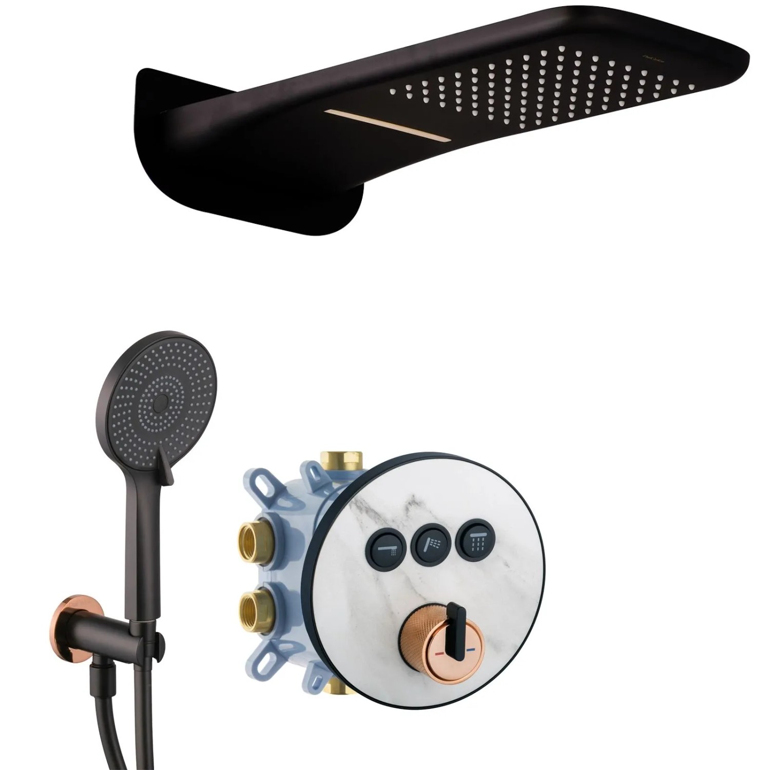 PaulGurkes Duschset Matt-Schwarz Rosé Unterputz Wasserfall Select