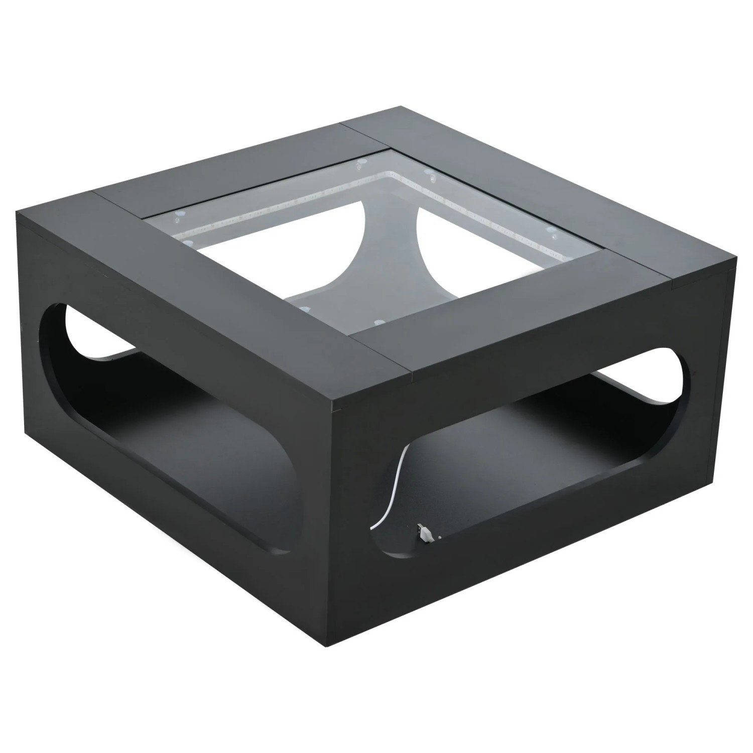 okwish Couchtisch mit Glasplatte LED Ausgehöhlt MDF 70x70x35cm Schwarz