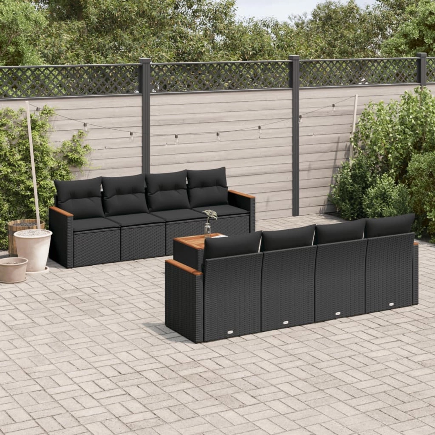 Schwarze 9-tlg. vidaXL Garten-Sofagarnitur aus Poly Rattan mit Kissen für Terrasse und Garten.