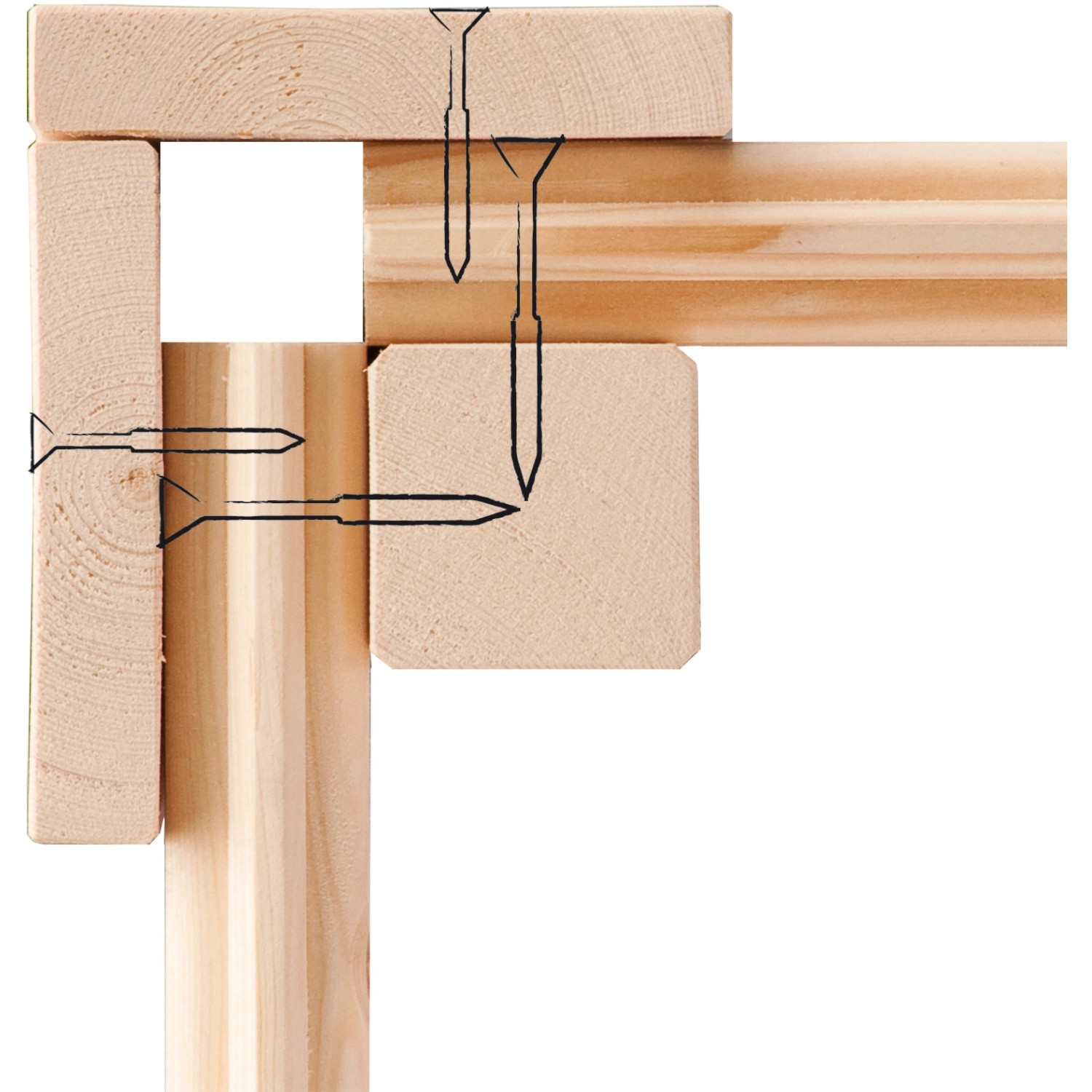 Detailaufnahme der Eckverbindung mit Schrauben eines Karibu Holz-Gartenhauses.