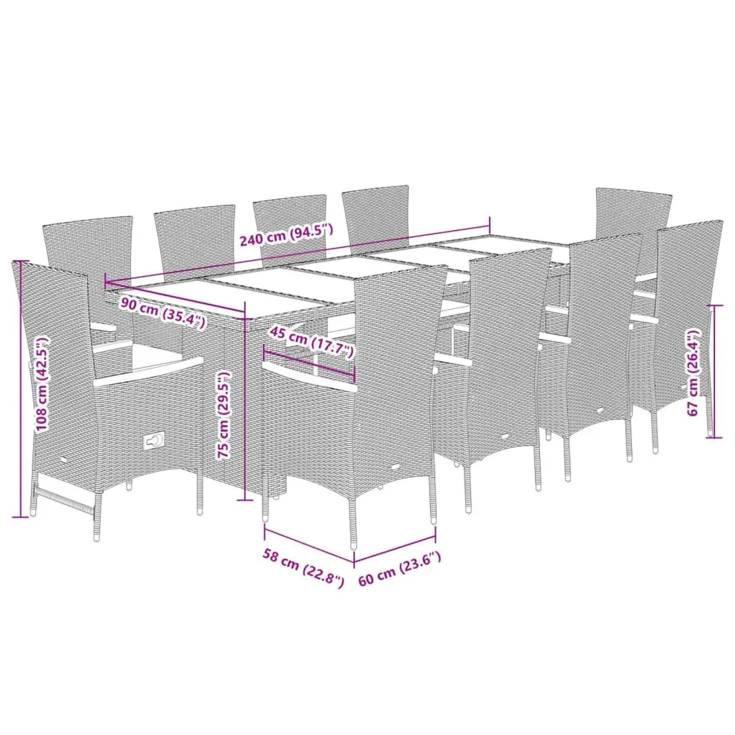 vidaXL 11-tlg. Garten-Essgruppe mit Maßen, aus schwarzem Poly Rattan.