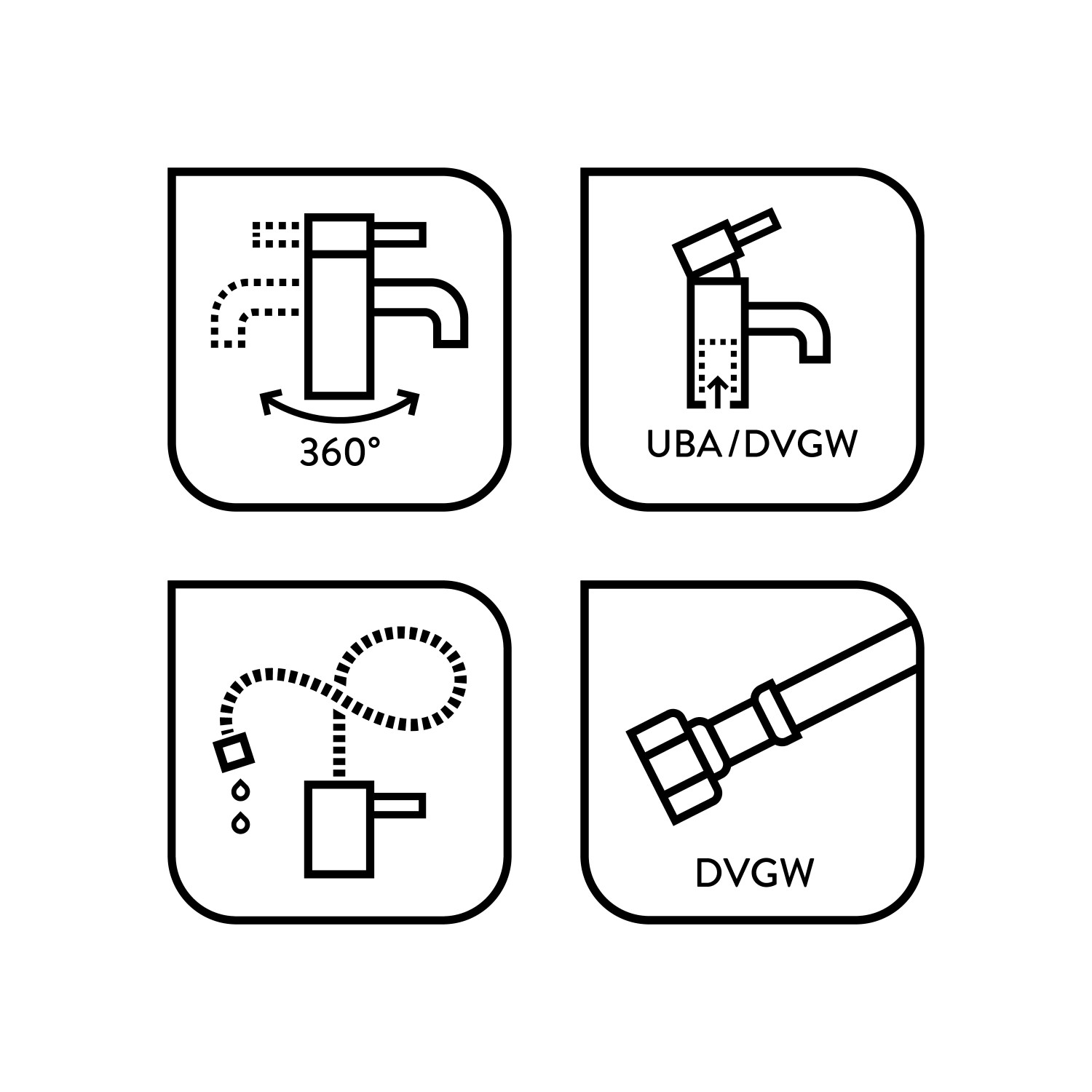Icons zur baliv Küchenarmatur KI-1360: 360° schwenkbar, UBA/DVGW-Zertifizierung, flexibler Schlauch, DVGW-Anschluss.