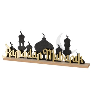 Boltze Dekoaufsteller Alea: Ramadan Mubarak Schriftzug mit Moschee-Silhouette in Schwarz und Gold.
