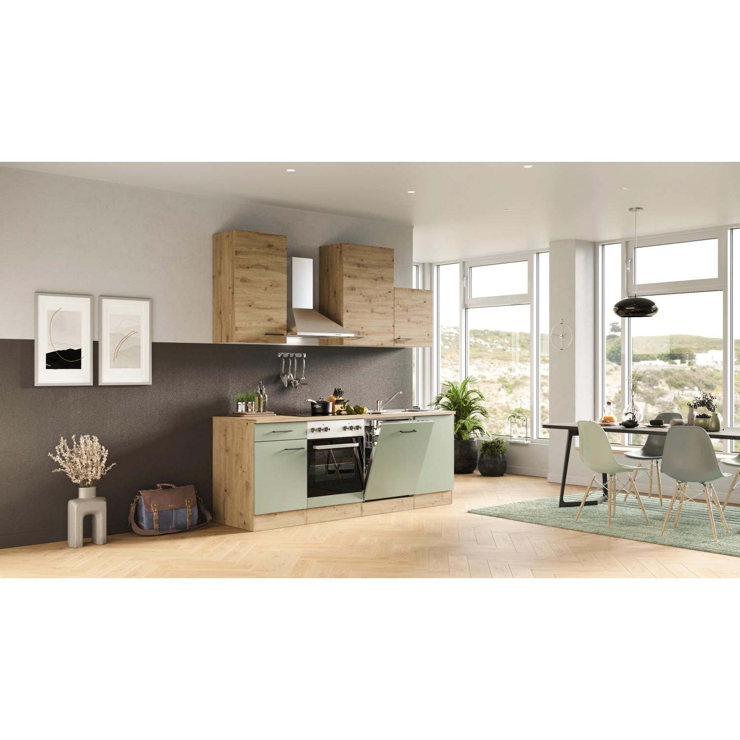 Flex-Well Küche Cara in Schilfgrün/Artisan Eiche mit E-Geräten und Spüle, 220 cm breit.