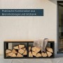 Schwarzes osoltus Brennholzregal mit heller Sitzbank aus Kunststoff-Holz, gefüllt mit Kaminholz. Ideal für Innen & Außen.