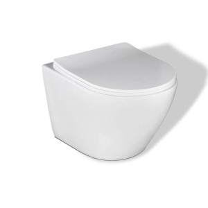 Weißes, wandhängendes WC-Set mit Soft-Close Sitz und Chrom-Akzenten.