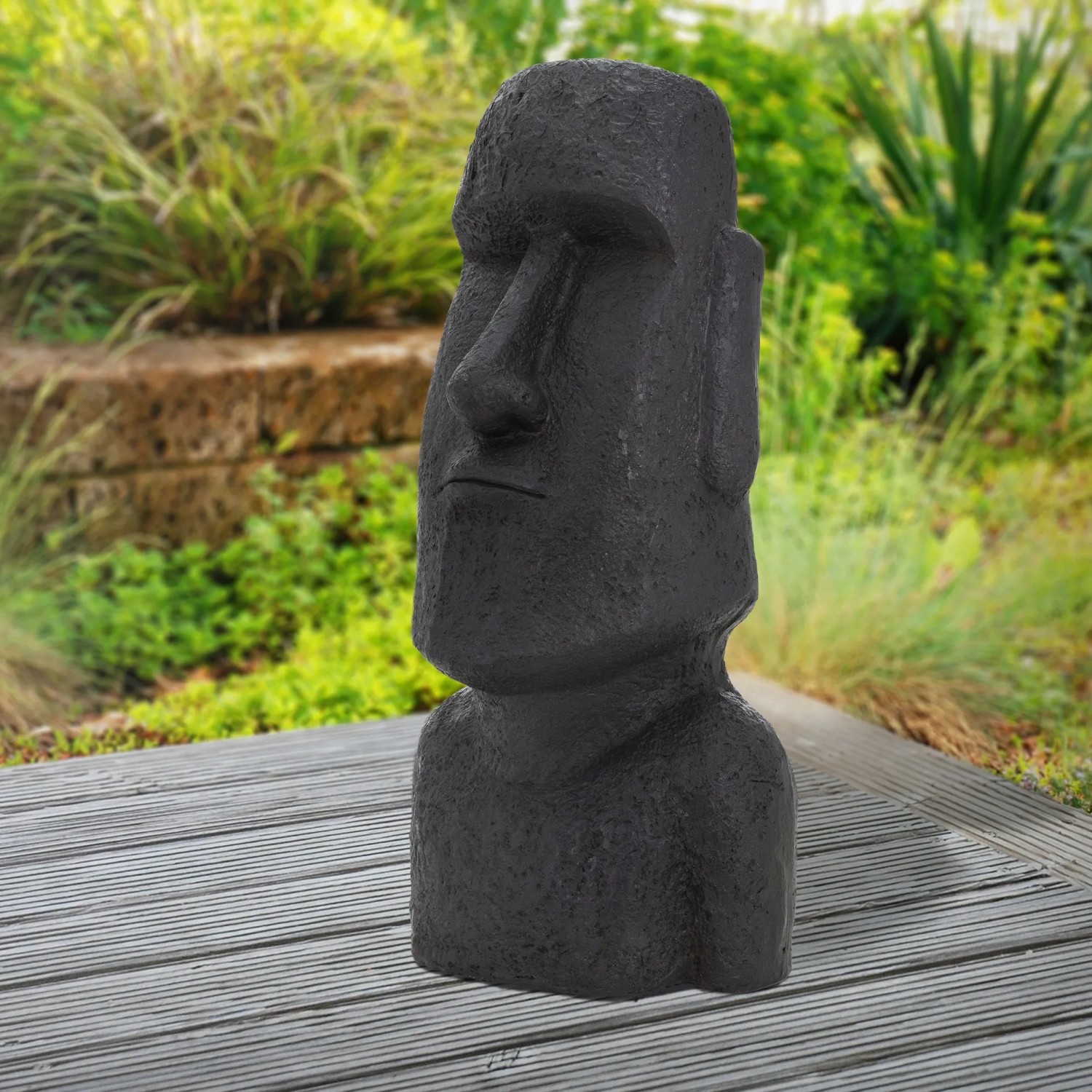 Anthrazitfarbene Moai Figur Rapa Nui (78cm) aus Steinguss für Garten & Terrasse.