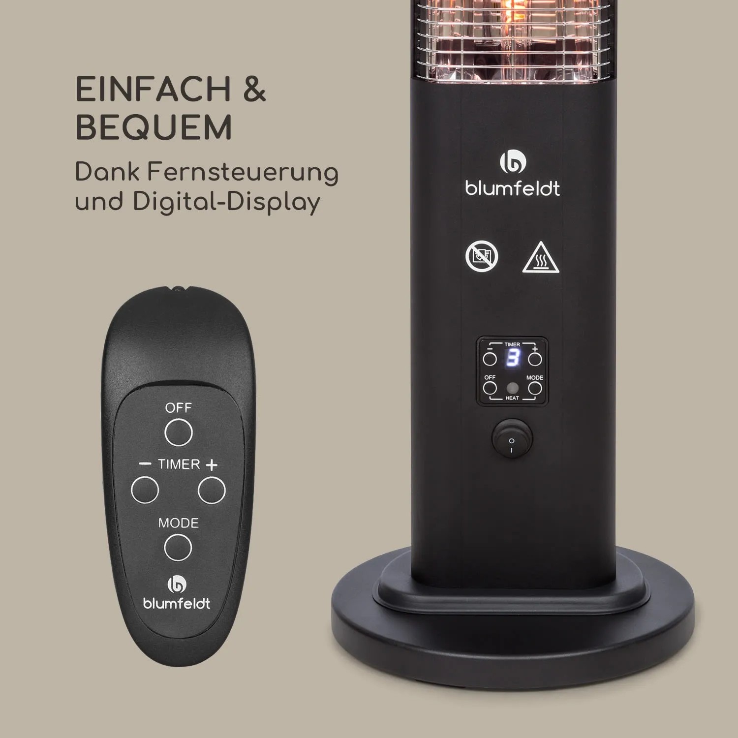 Schwarzer Blumfeldt Heat Guru Plus Terrassenheizer mit Fernbedienung und Display.