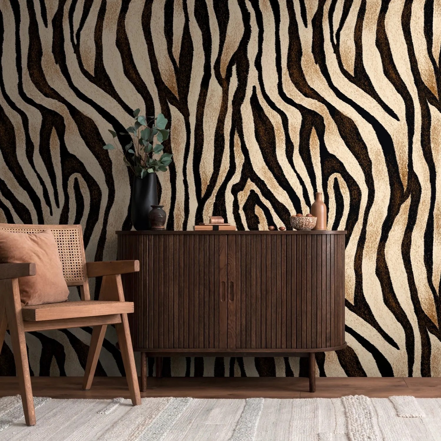 PROFHOME Fototapete mit Tiermotiv in Beige, Schwarz und Braun. Vliestapete mit Zebra-Muster.