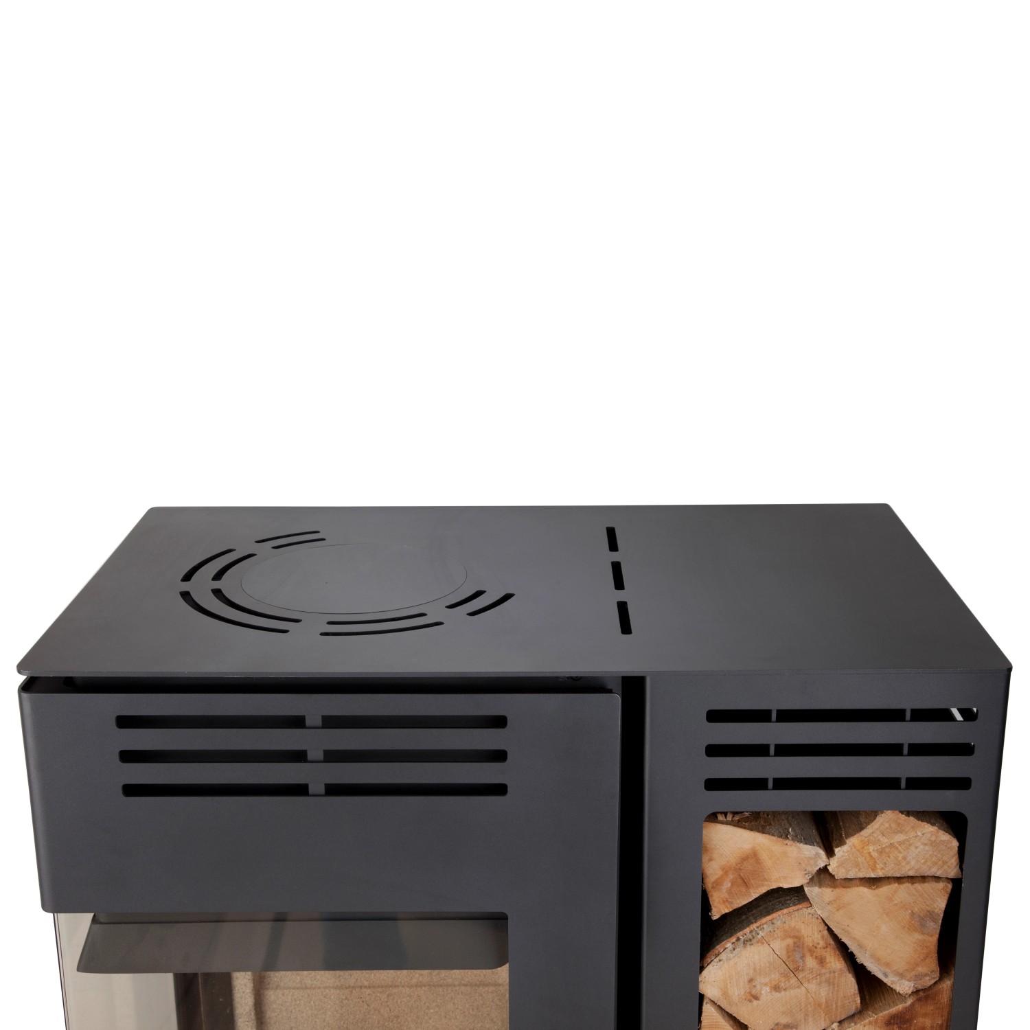 Aduro Kaminofen 12, schwarzer Stahl, mit Holzfach. Moderner Kaminofen für Wohnräume.