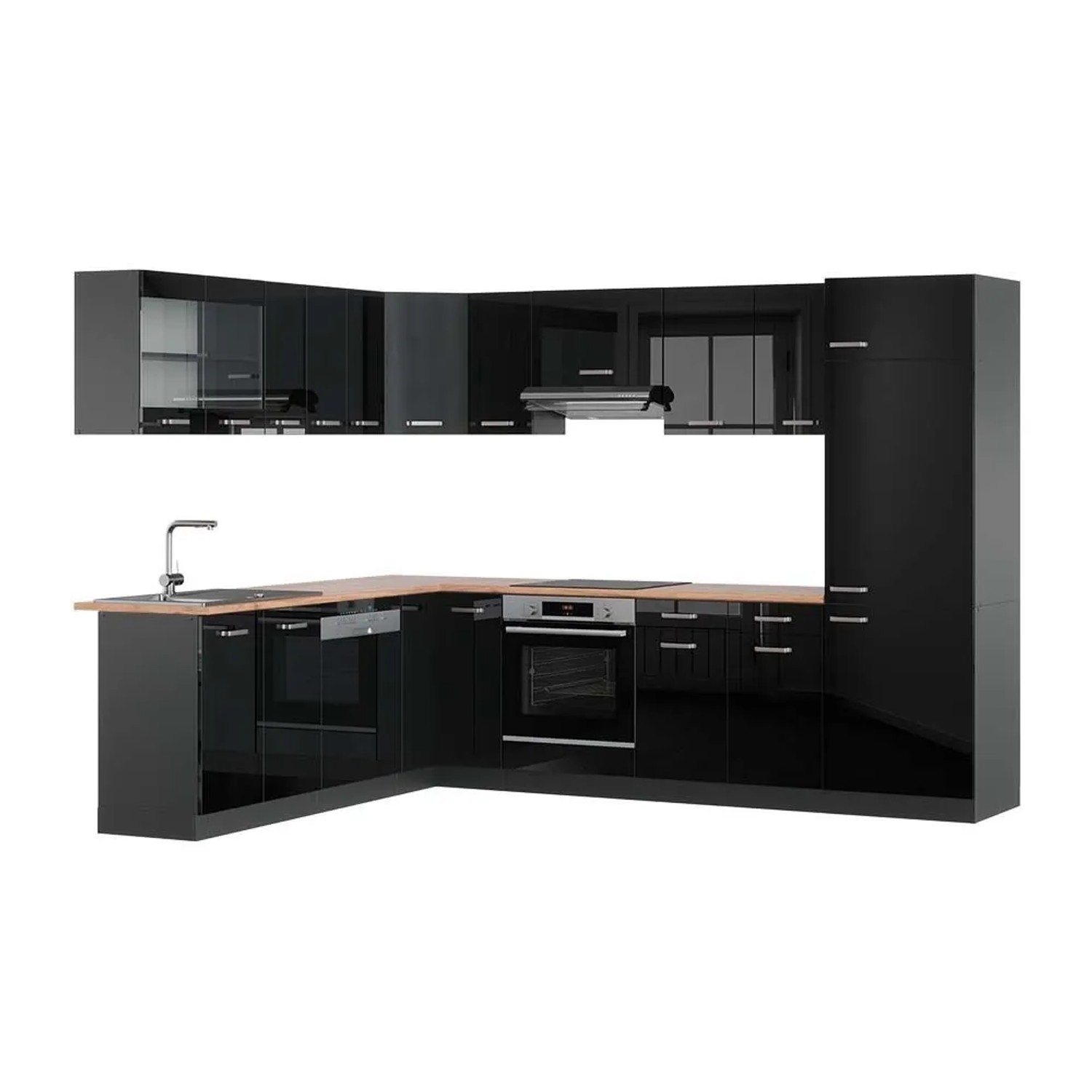Vicco Eckküche R-Line Schwarz Hochglanz/Anthrazit 287 x 82, AP Eiche