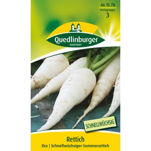 Samenpackung Quedlinburger Rettich 'Rex', weiße, längliche Sommerrettiche.