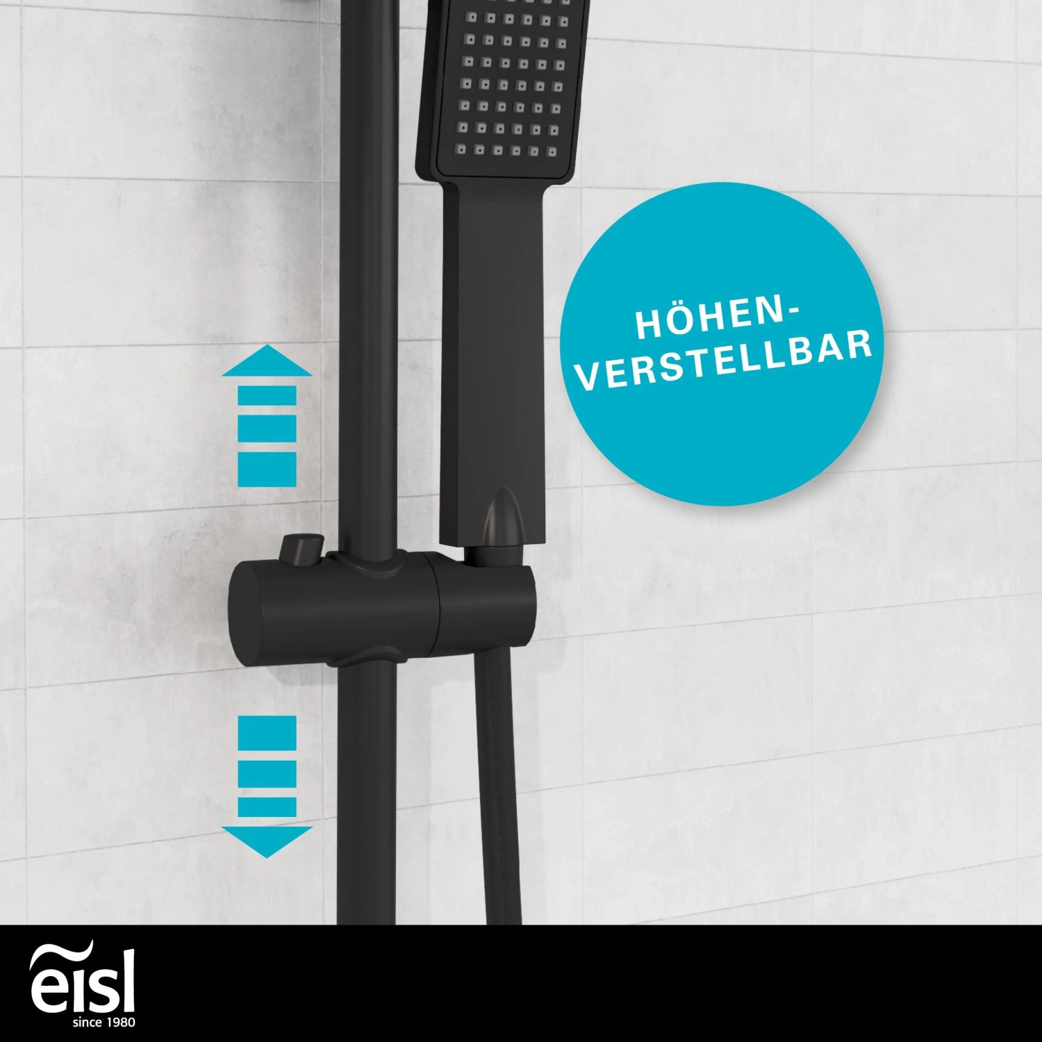 Eisl Überkopf-Brauseset Easy Energy, Schwarz Matt, mit höhenverstellbarer Duschstange.