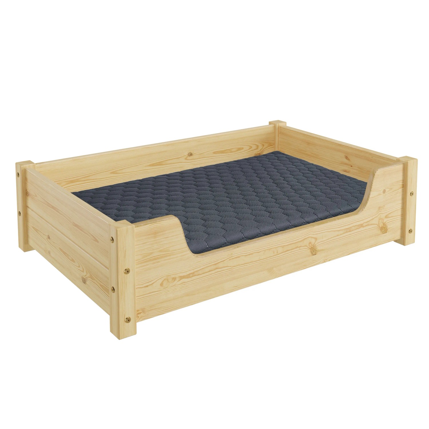 Kuscheliges Hundebett aus Kiefernholz mit Rollrost und Matratze (80x50 cm) für höchsten Komfort.