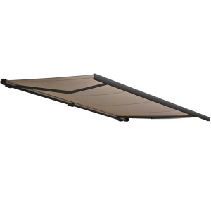 Elektrische Kassettenmarkise, 4x3m, sandfarbenes Polyestertuch, anthrazitfarbener Rahmen.