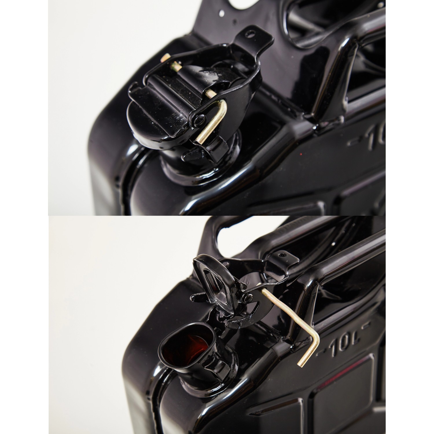 Detailansicht: Schwarzer 5L Metall Kraftstoffkanister mit Ausgießer, Pannenhilfe für Auto & Motorrad.