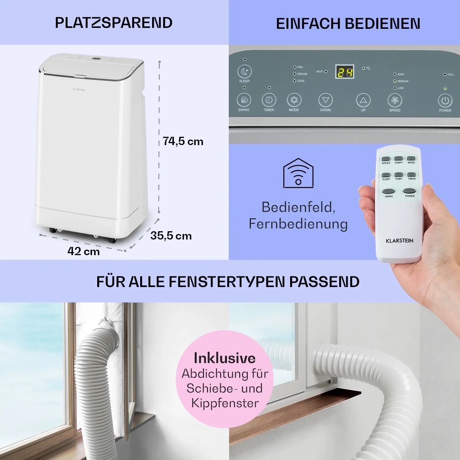 Klarstein Iceblock Klimaanlage: Mobiles 3-in-1 Klimagerät (weiß) mit Fernbedienung und Fensterabdichtung.