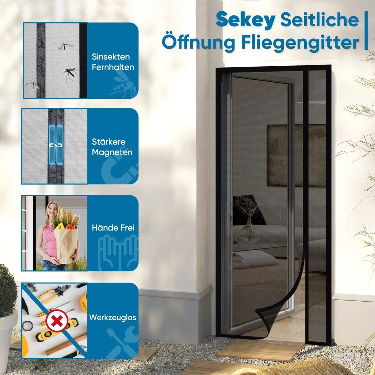 Sekey Magnet Fliegengitter für Terrassentür, seitliche Öffnung, Fiberglas, 110x220cm