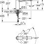 Technische Zeichnung: Grohe Eurosmart Cosmopolitan Küchenarmatur mit Maßen und Schwenkbereich.