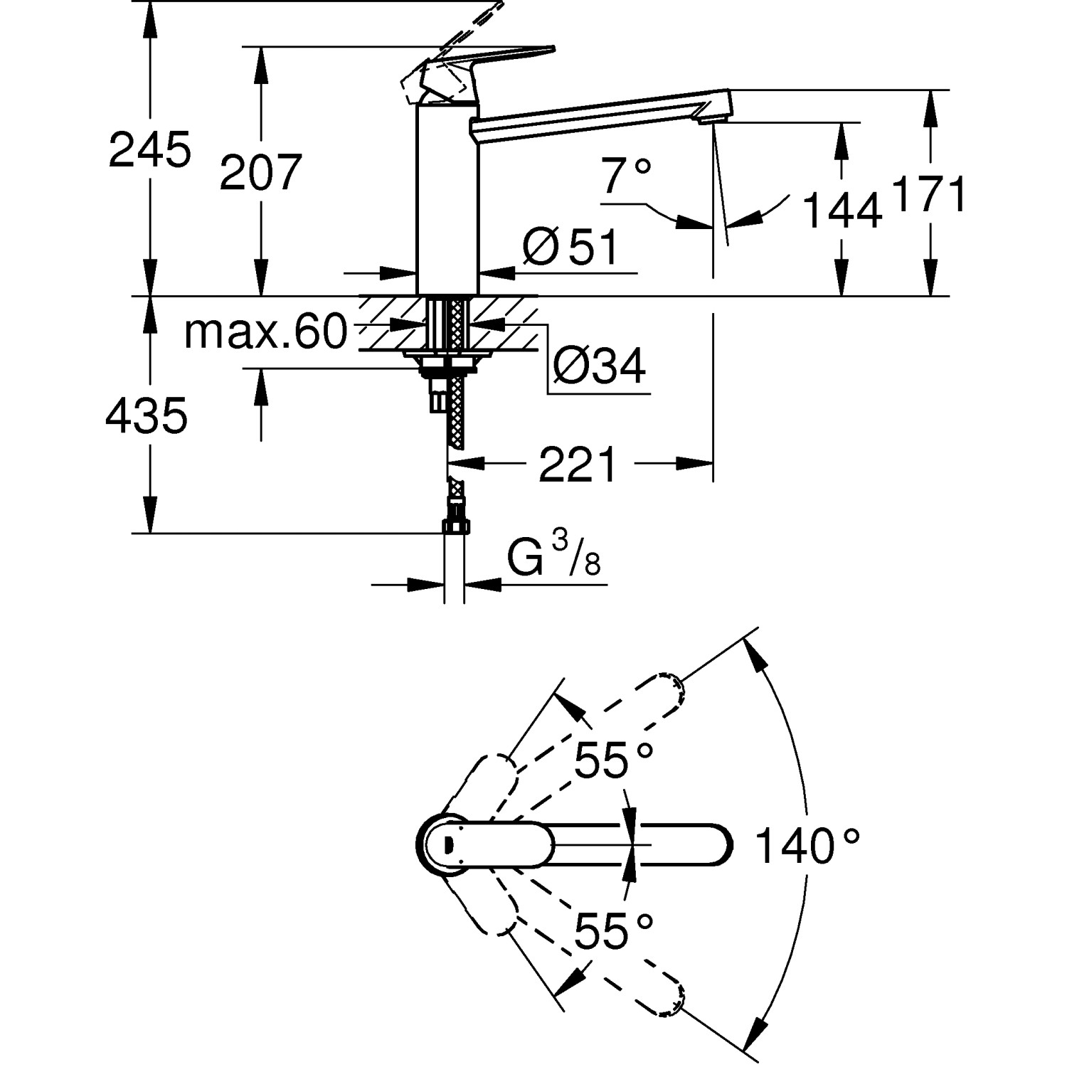 Technische Zeichnung: Grohe Eurosmart Cosmopolitan Küchenarmatur mit Maßen und Schwenkbereich.