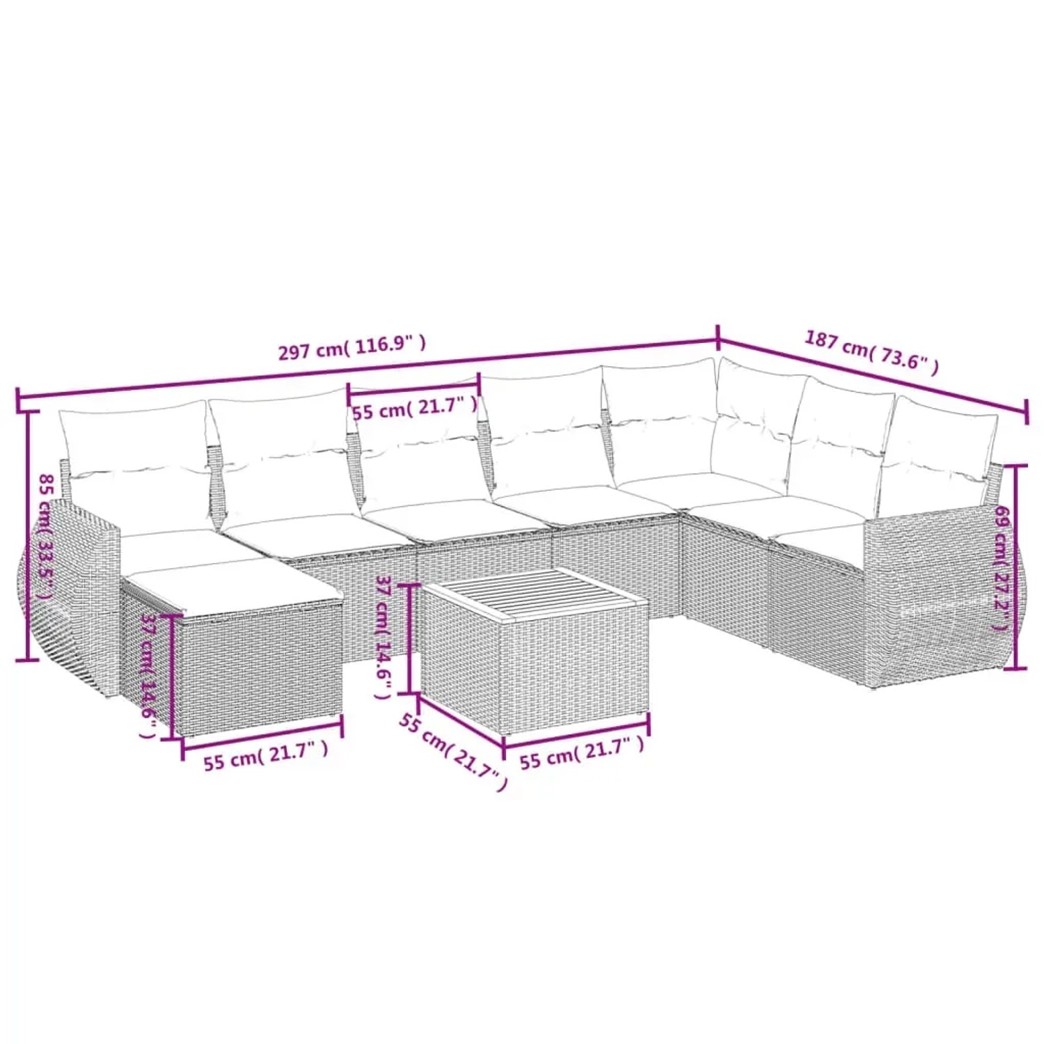 vidaXL 9-tlg. Garten-Sofagarnitur, schwarzes Poly Rattan mit Kissen. Gartenmöbel-Set mit Tisch, Sesseln und Polstern.