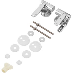 baliv Befestigungsset für WC-Sitze mit Absenkautomatik, bestehend aus Scharnieren, Schrauben und Unterlegscheiben.