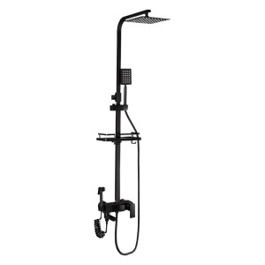 Schwarzes 4-in-1 Thermostat Duschset mit quadratischer Regendusche, Handbrause, Piano Tasten und höhenverstellbarer Säule.