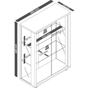 Skizze: Schwarzer Vitrinenschrank mit Spiegel, 2 Glastüren und Maßangaben.
