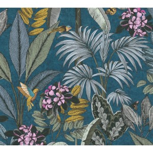 A.S. Création Vliestapete mit Dschungelmotiven in Blau und Grün mit Blättern, Blüten und Vögeln.