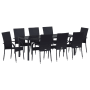 Schwarze 9-teilige Garten Essgruppe aus Poly Rattan mit Tisch und 8 Stühlen.