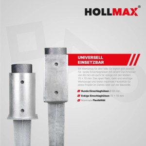 HOLLMAX Einschlag-Werkzeug in runden Ø80 mm und eckigen 70x70 mm Bodenhülsen für Zaunbau.