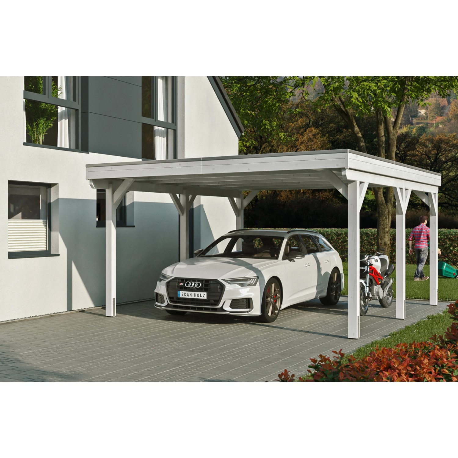 Skan Holz Carport Grunewald 427 cm x 554 cm mit Aluminiumdach Weiß